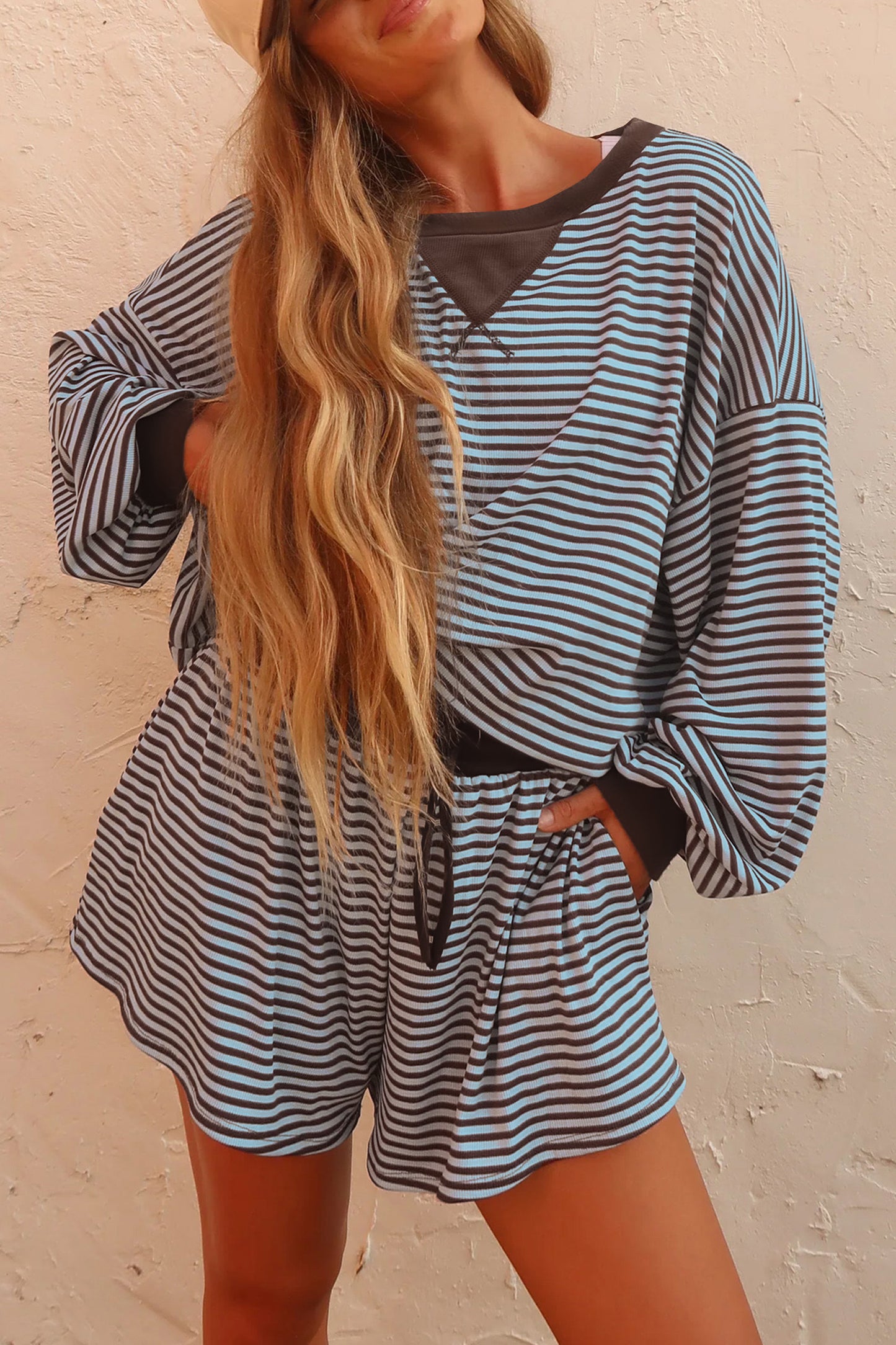 Striped Long Sleeve Two-Piece Short Set